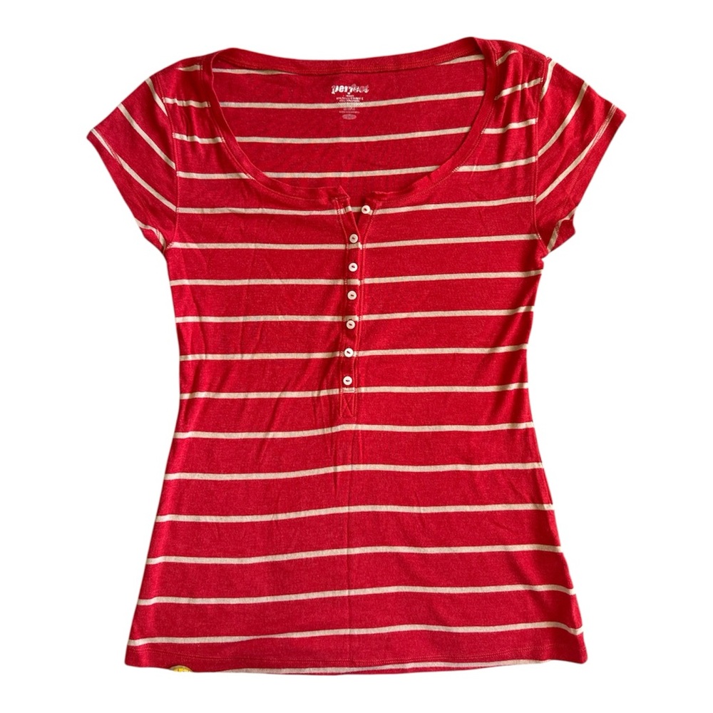 Old Navy Red and White Striped Henley Short Sleeve Tee Vintage Y2K